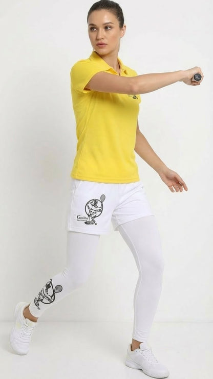 Premium Yellow Tennis Performance Set – Athletic Polo, Breathable Leggings & Casual Golf Shorts