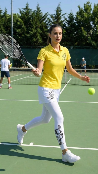 Premium Yellow Tennis Performance Set – Athletic Polo, Breathable Leggings & Casual Golf Shorts