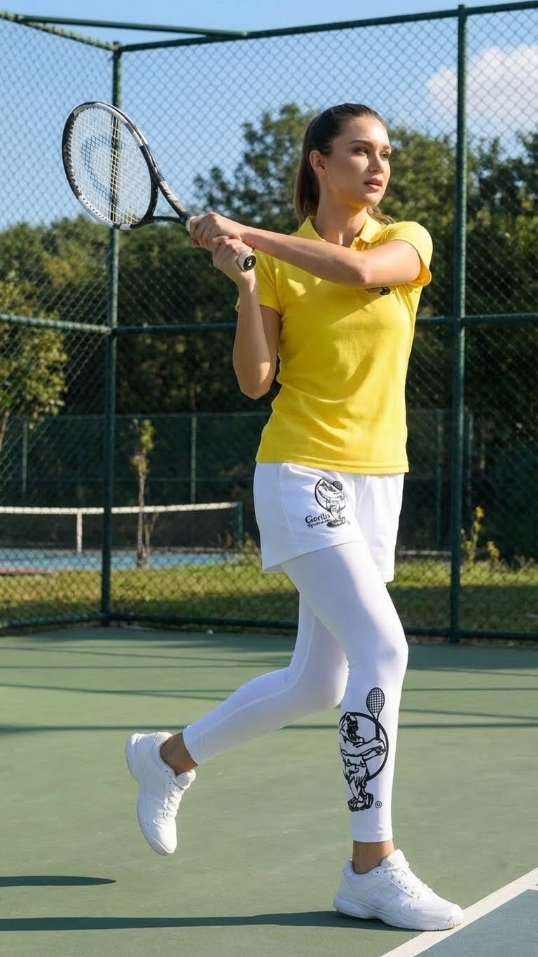 Premium Yellow Tennis Performance Set – Athletic Polo, Breathable Leggings & Casual Golf Shorts