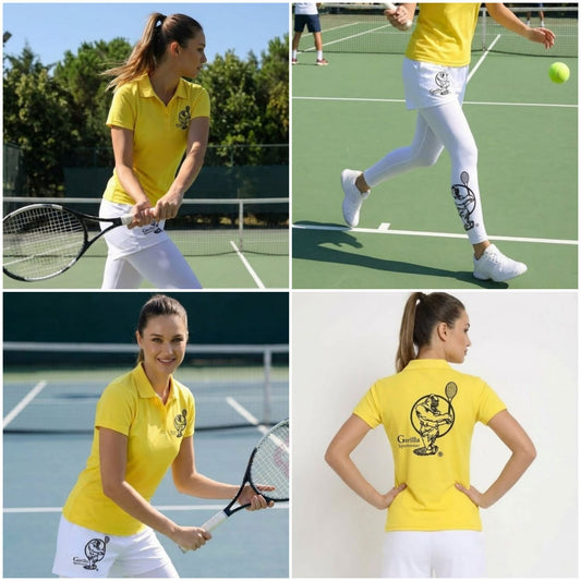Premium Yellow Tennis Performance Set – Athletic Polo, Breathable Leggings & Casual Golf Shorts