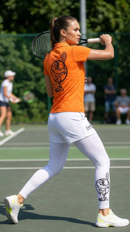 Premium Orange Tennis Performance Set – Athletic Polo, Breathable Leggings & Casual Golf Shorts