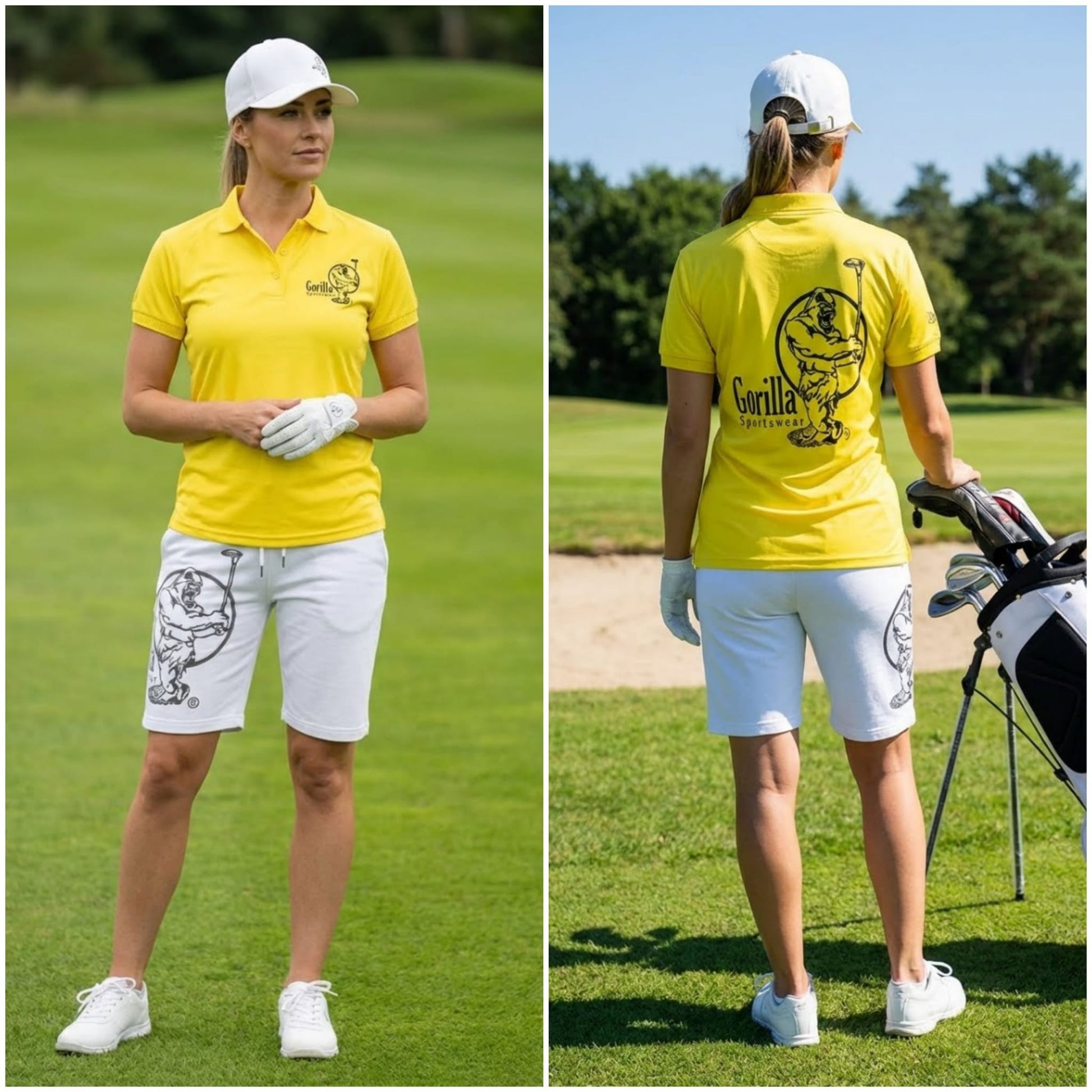 Mens & Womens Unisex Lightweight Yellow Golf Shirt worn by a female golfer on the course.
