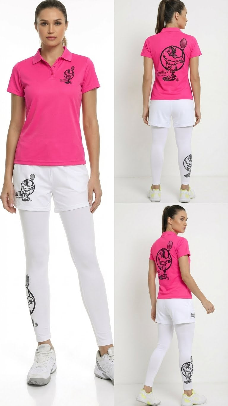 Premium Pink Tennis Performance Set – Athletic Polo, Breathable Leggings & Casual Golf Shorts